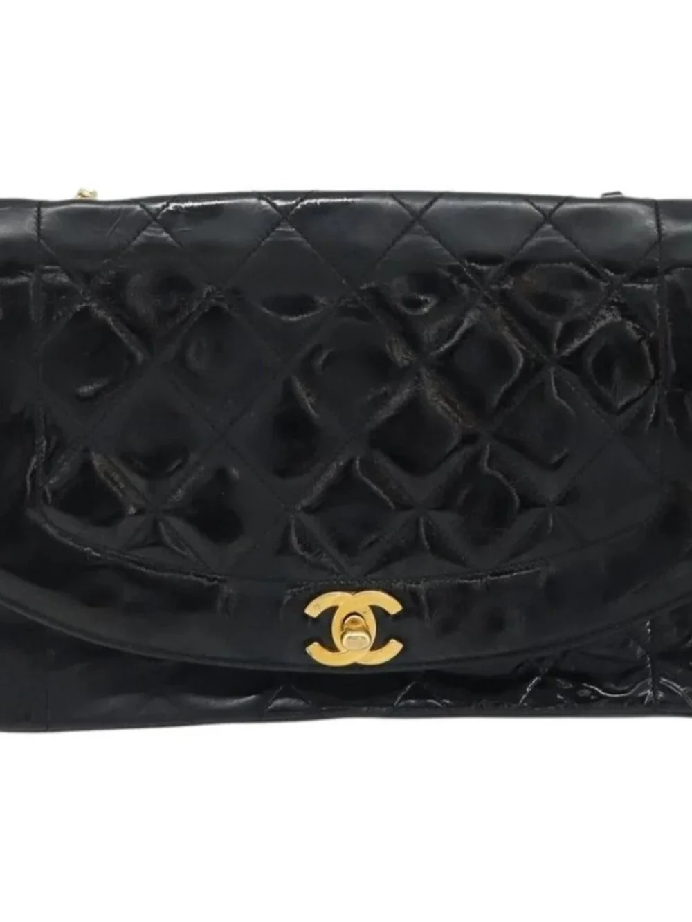 CHANEL Diana 25 Matelasse Chain Bag Patent Leather Black Gold CC Auth bs34314